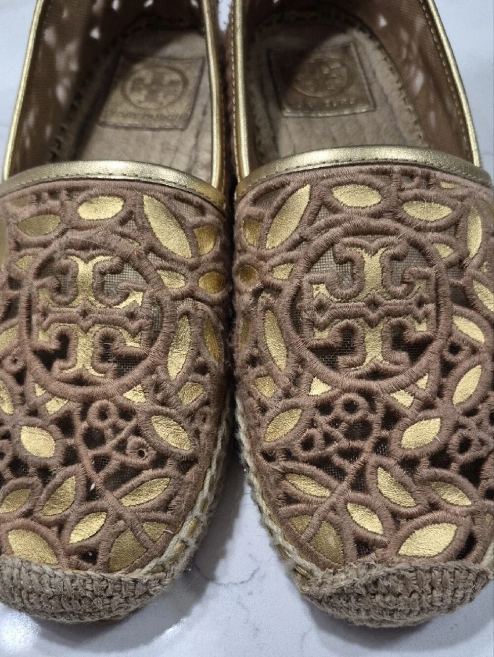 Tory Burch Gold and Tan Laser-Cut Espadrille Flats